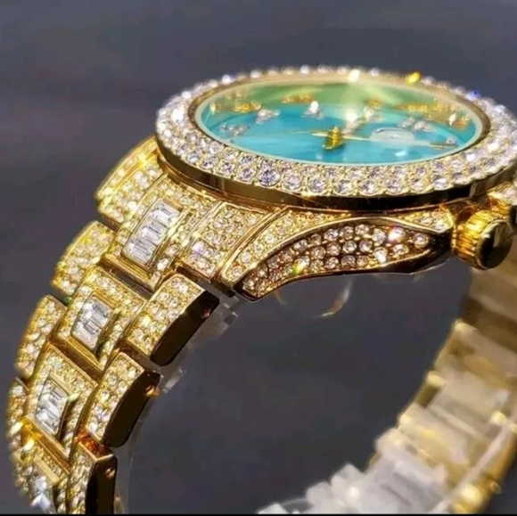 Mens Luxury Iced Out Bling Simulated Diamond CZ GoldPlated Arabic Numera… - Picture 12 of 15